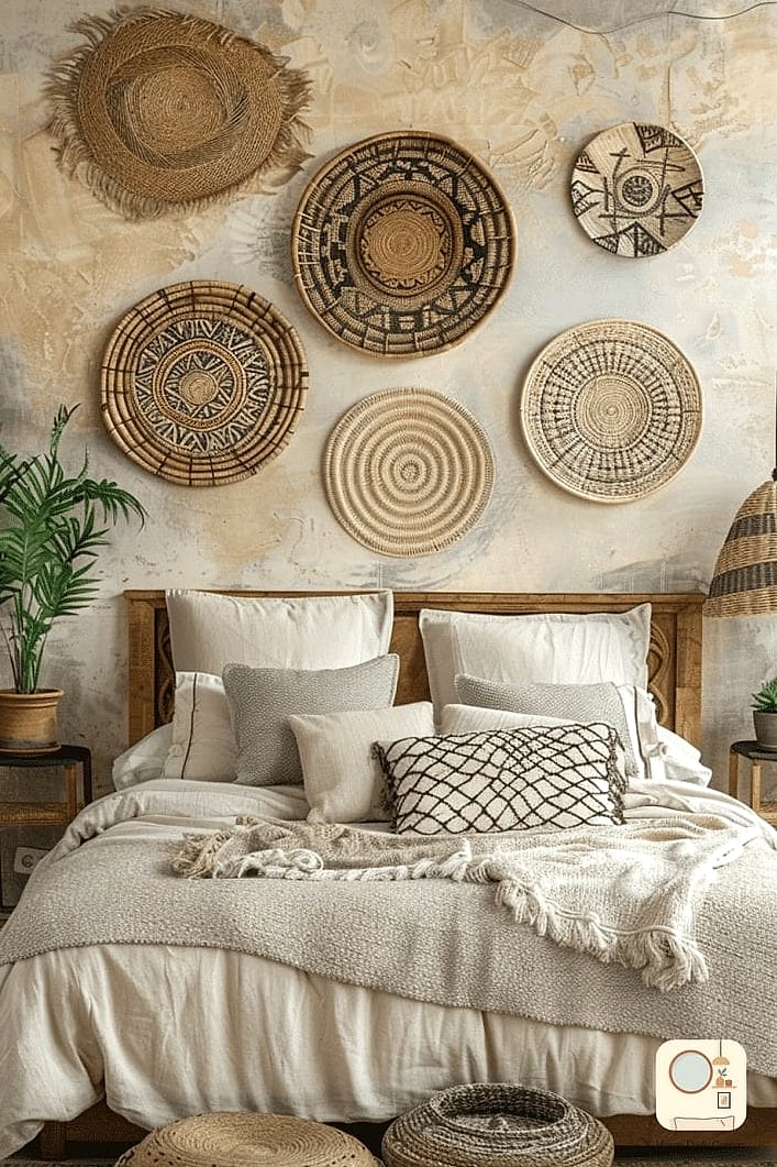 21 Warm Bedroom Ideas to Steal From Interior Designers 20 Add a Woven Wall Hanging Above the Bed