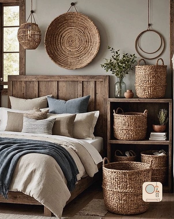 14 Mens Bedroom Decor Ideas to Upgrade Your Home This Weekend 11 Add Woven Baskets for Hidden Storage