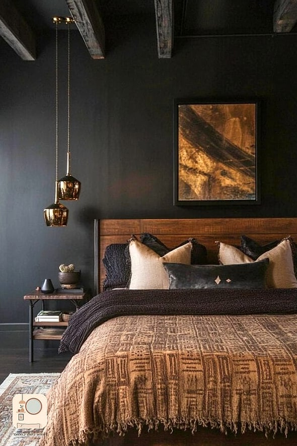 Black Bedroom with Warm Terracotta Accents