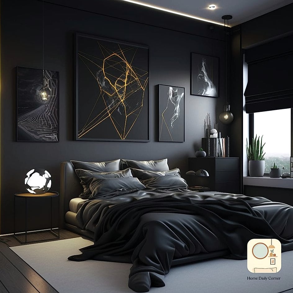 Black Bedroom with Statement Wallpaper Ceiling