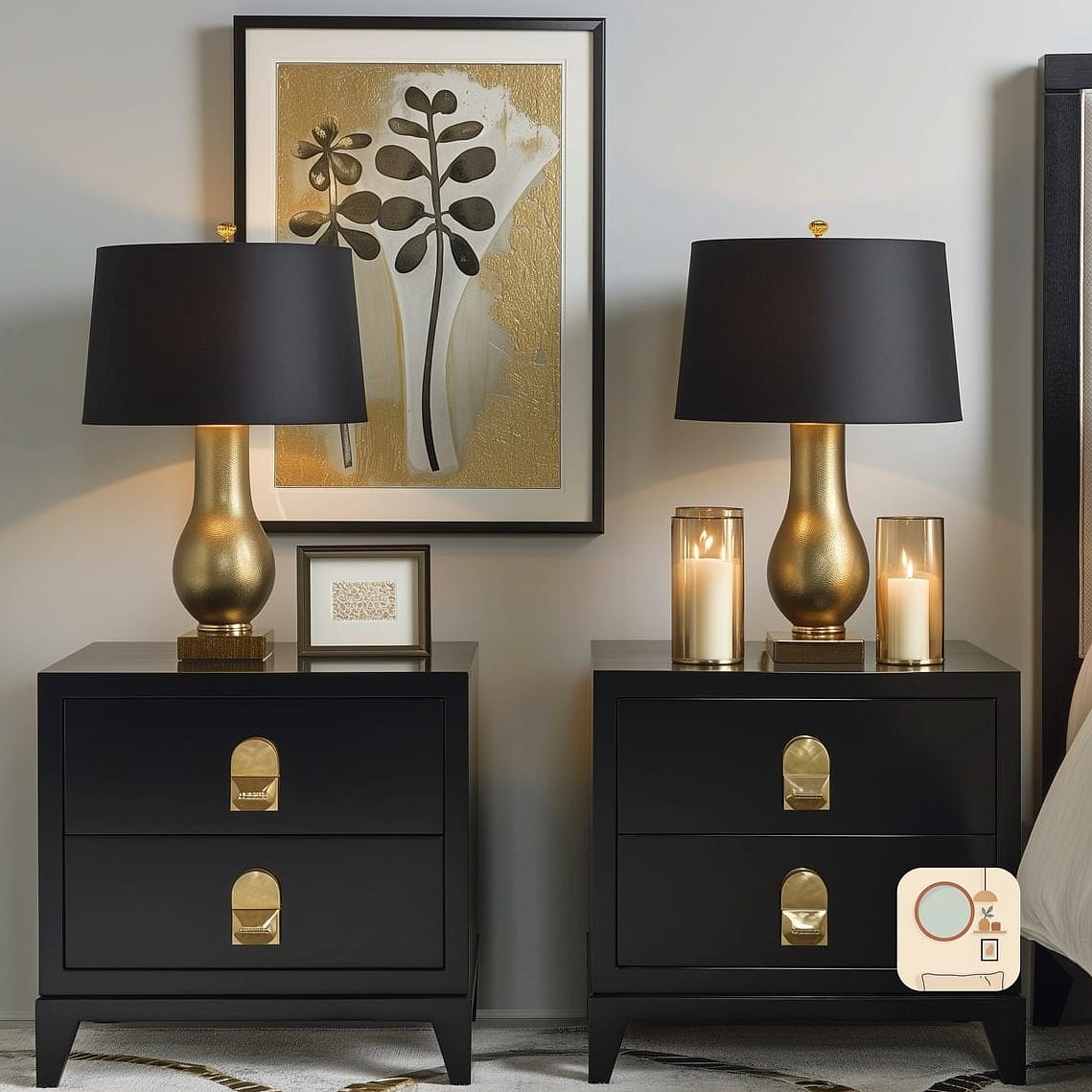 Black Nightstands with Brass Hardware