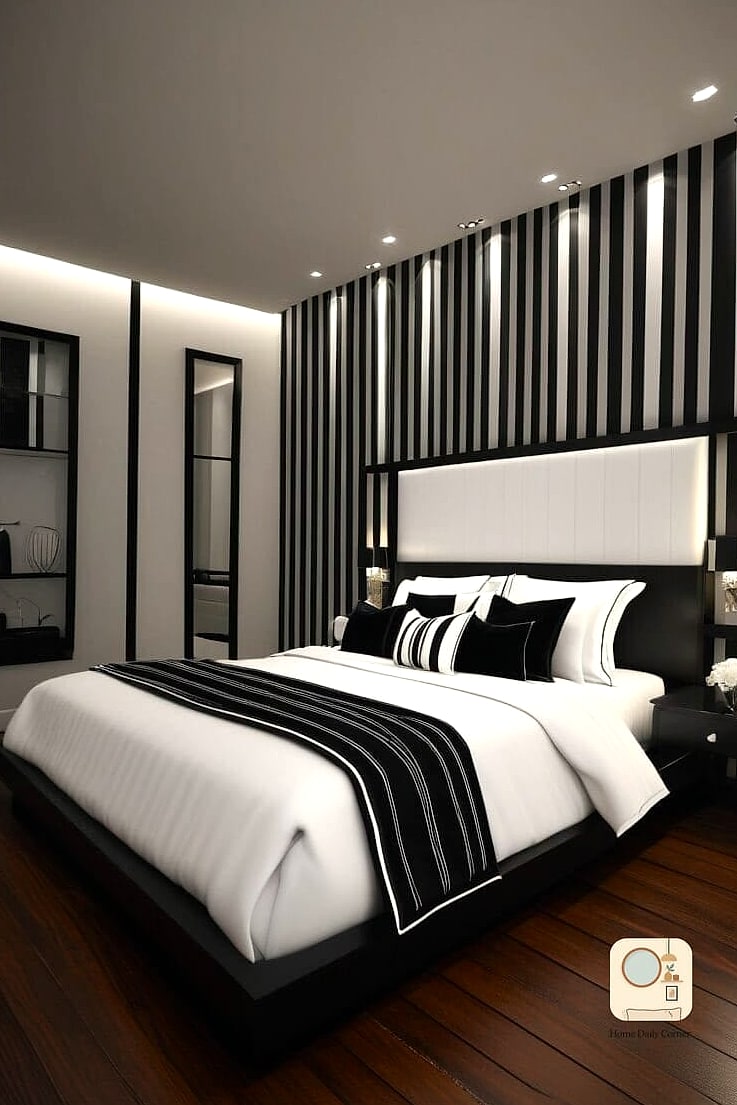 9 Black And White Bedroom Ideas Inspiration Boards You'll Want to Copy 4 Black and White Striped Accent Wall