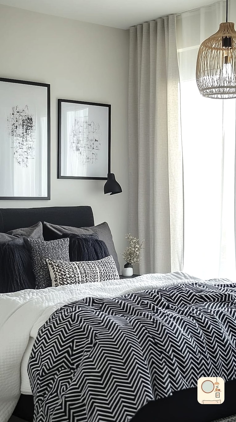 9 Black And White Bedroom Ideas Inspiration Boards You'll Want to Copy 5 Black and White Herringbone Bedding Layers