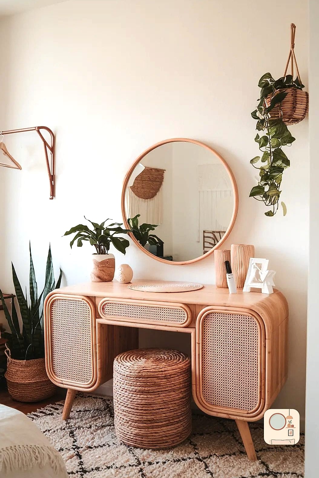 Boho Rattan Vanity Stool and Table Pairing