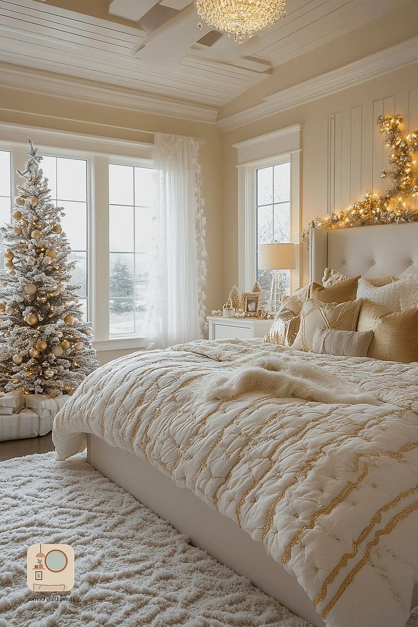 30 Beautiful Holiday Bedroom Decor Inspiration Photos Worth Saving 13 Brass and Gold Accents Mixed with Greenery