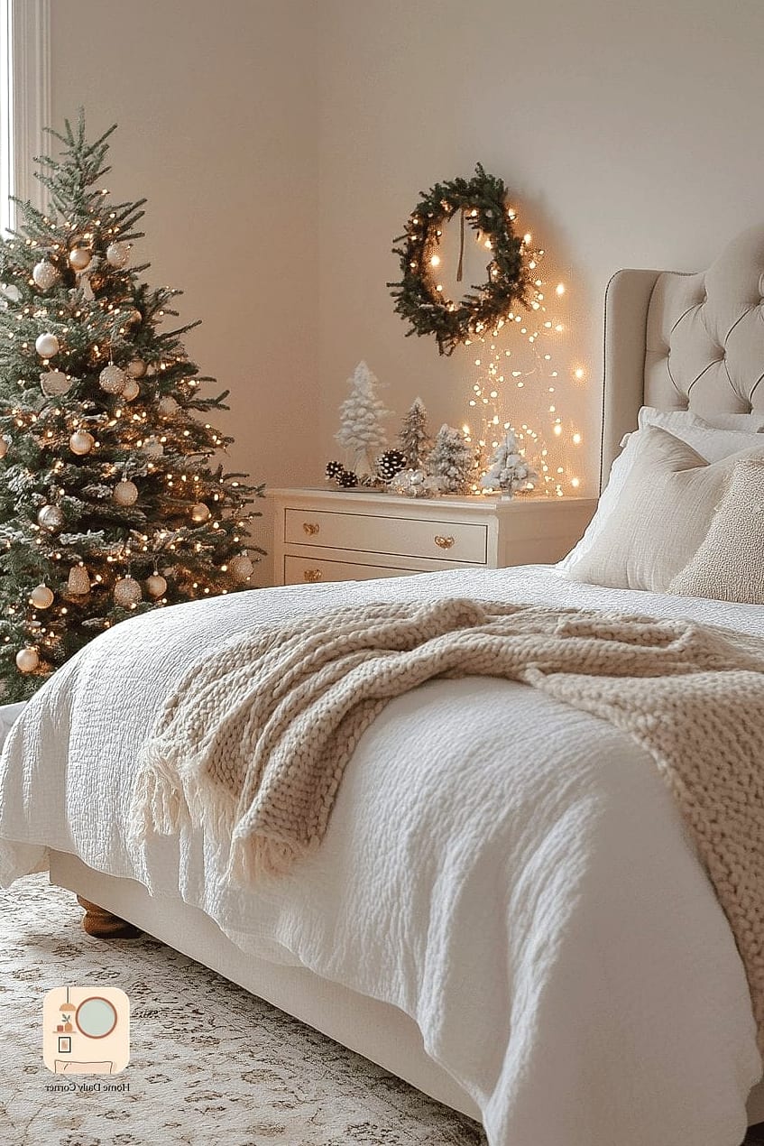 25 Bedroom Christmas Decor Ideas to Steal From Interior Designers 12 Bring in a Neutral Christmas Color Palette