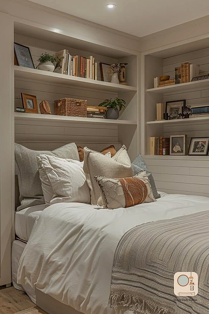 Built-In Shelving Around the Bed