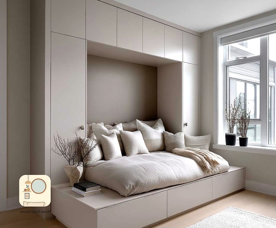 16 Guest Bedroom Decor Designs That Maximize Style and Function 3 Built-In Storage Bench at the Foot of the Bed