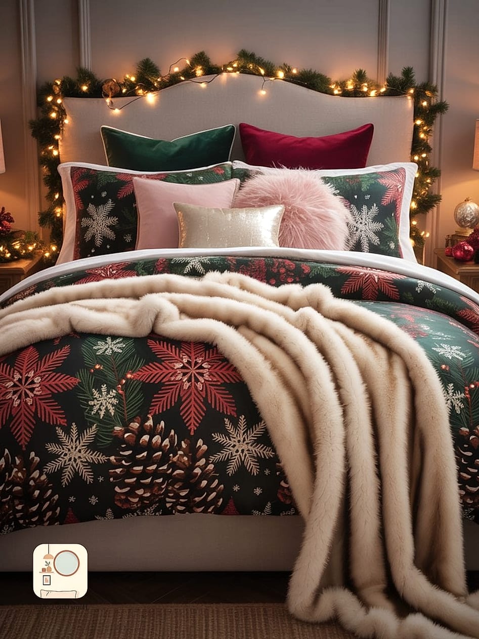 30 Beautiful Holiday Bedroom Decor Inspiration Photos Worth Saving 23 A Cozy Faux Fur Bench or Ottoman at the Foot of the Bed