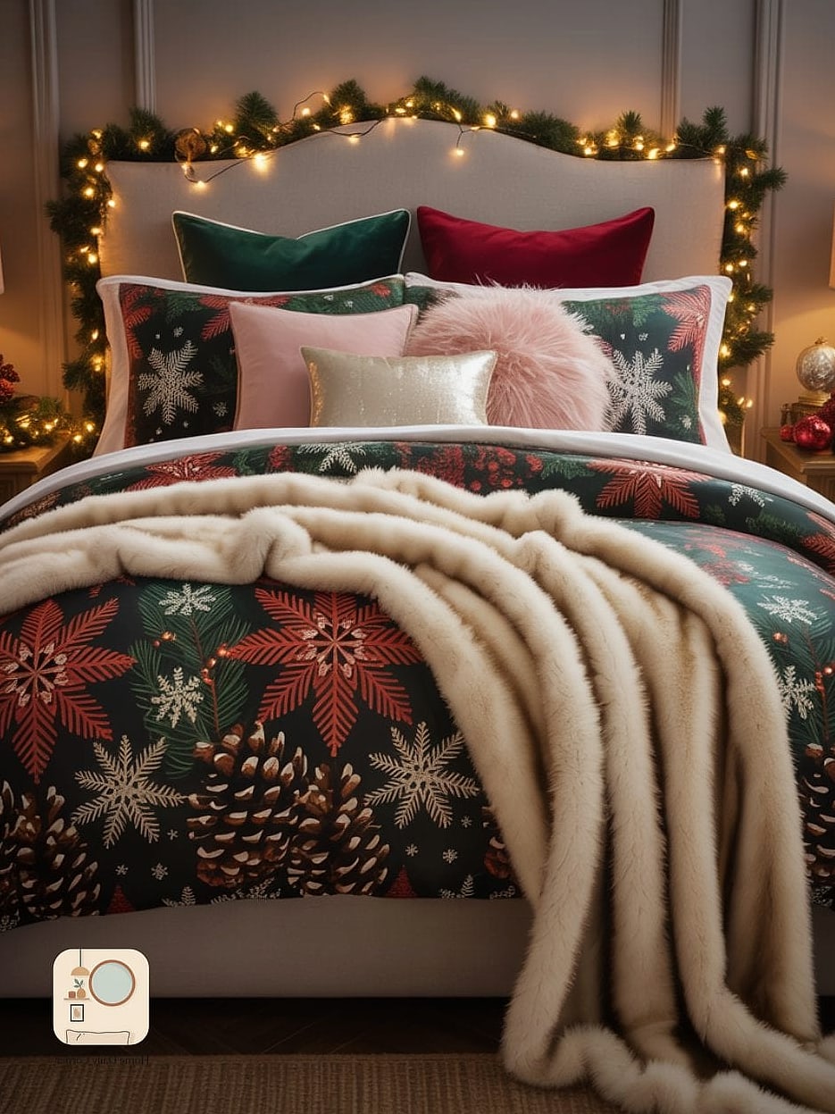 30 Beautiful Holiday Bedroom Decor Inspiration Photos Worth Saving 3 A Faux Fir Garland Draped Over the Bed Frame