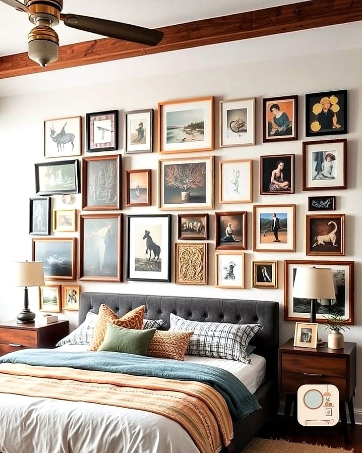 20 Eclectic Bedroom Looks We're Obsessed With This Year 5 Gallery Wall of Mismatched Frames