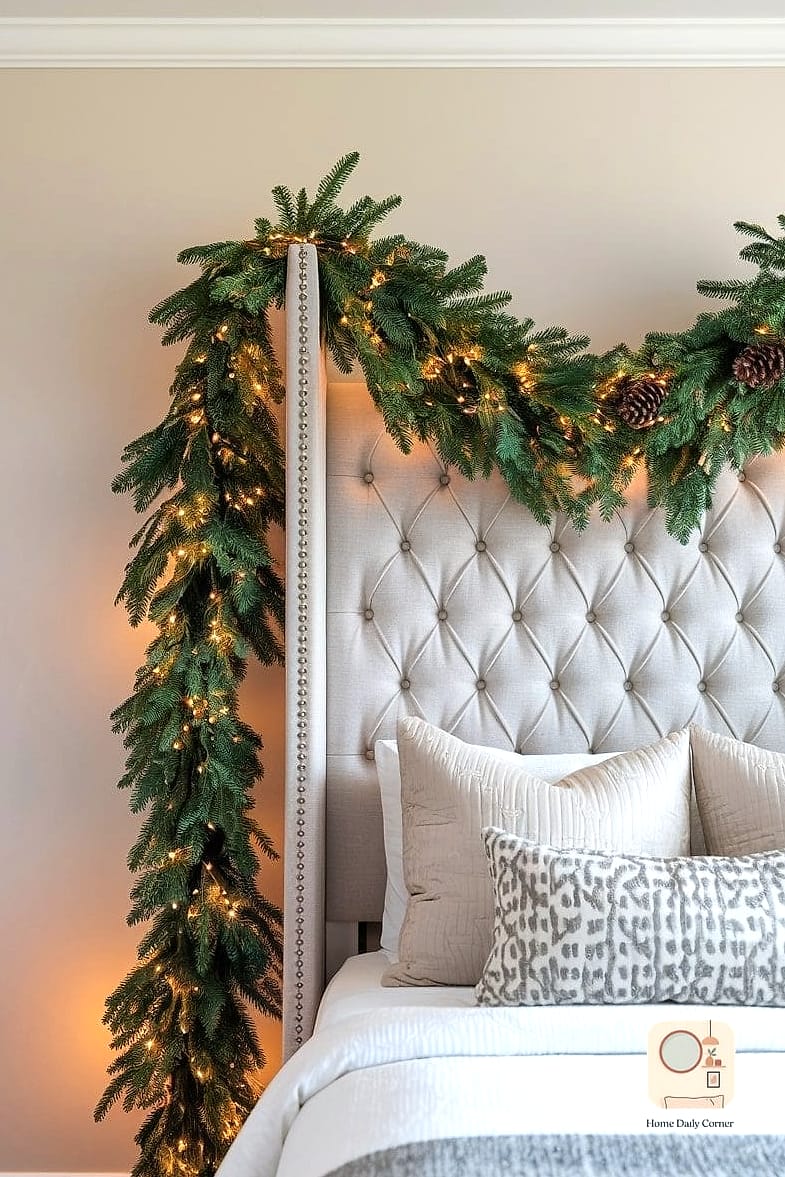 A Garland Draped Over the Bed Frame or Mirror