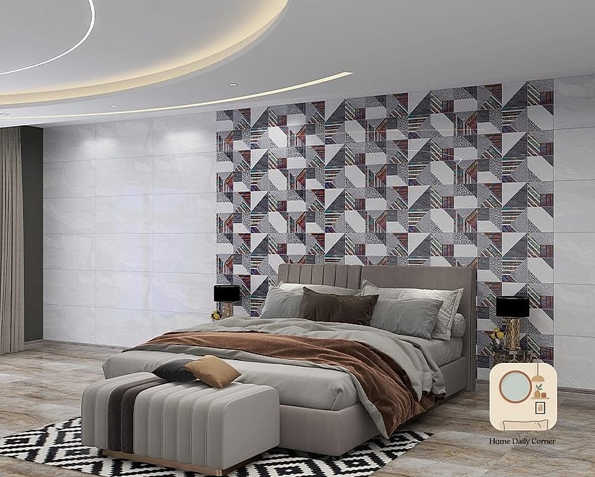Geometric Tile Accent Behind the Headboard