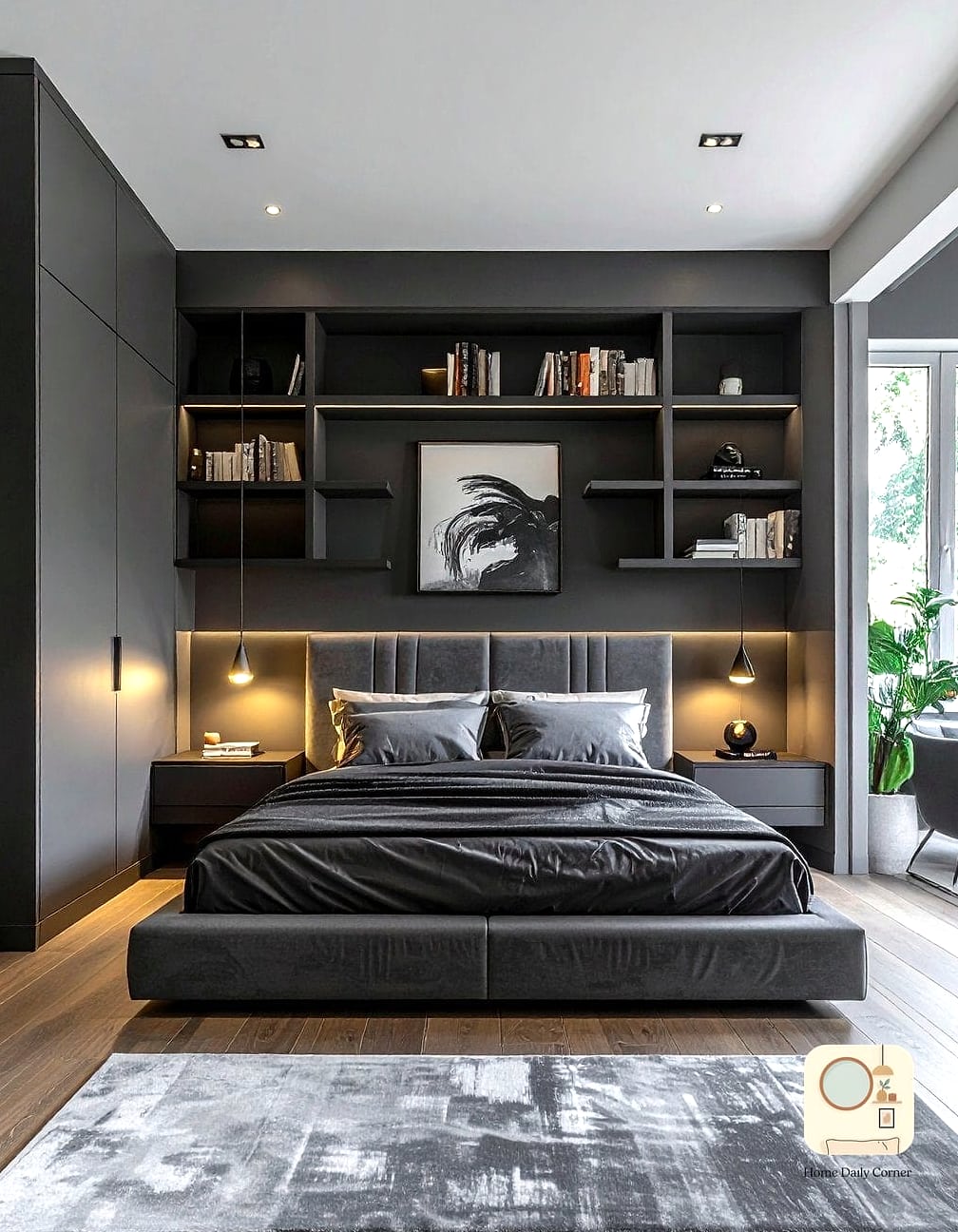 Grey Built-In Shelving Around the Bed