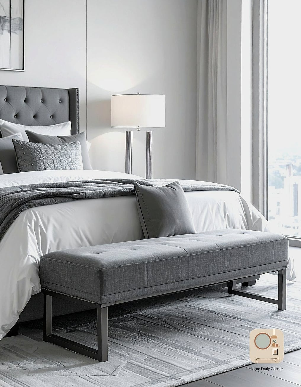 Grey Upholstered Bench at the Foot of the Bed