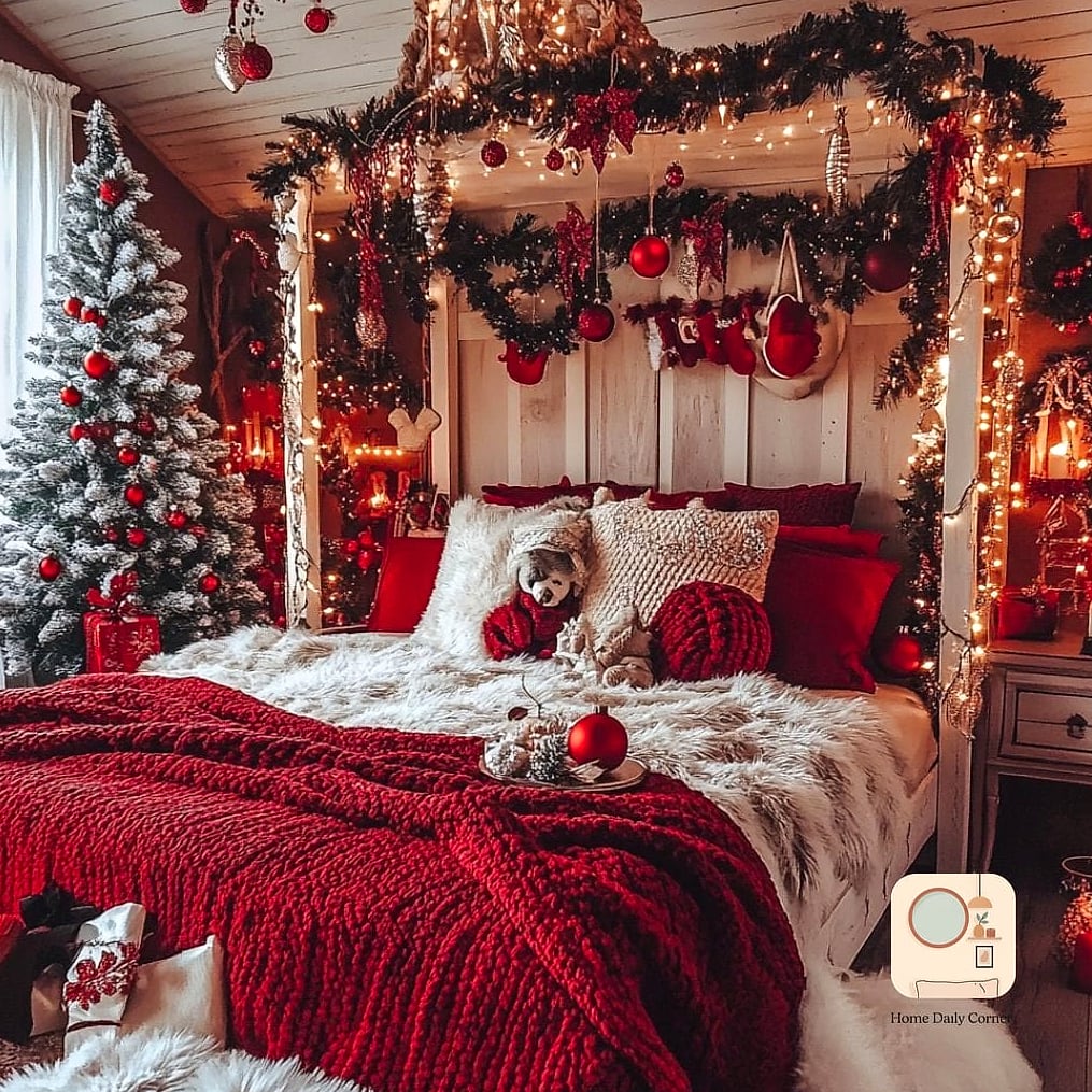 25 Bedroom Christmas Decor Ideas to Steal From Interior Designers 5 Hang a Fresh Greenery Garland Over the Bed