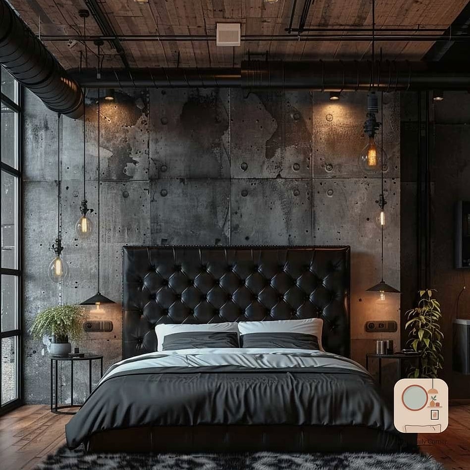 Industrial Black Metal Bed Frame with Exposed Brick