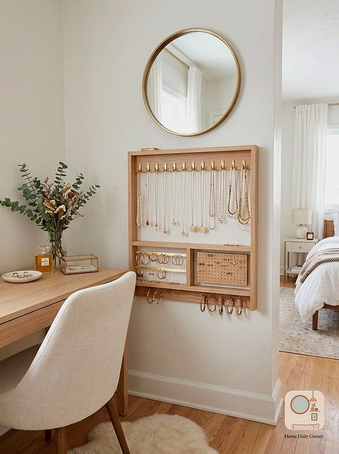 A Jewelry Organizer With Hooks and Compartments