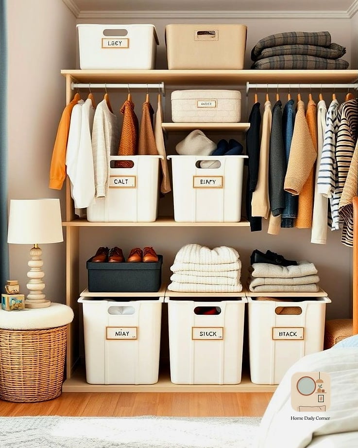 Labeled Bins in the Closet for Accessories