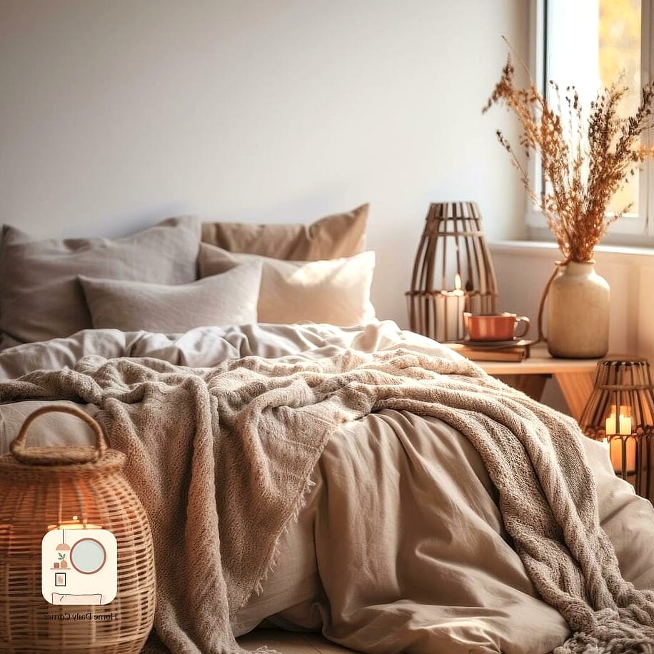 Layered Throw Pillows and Blankets