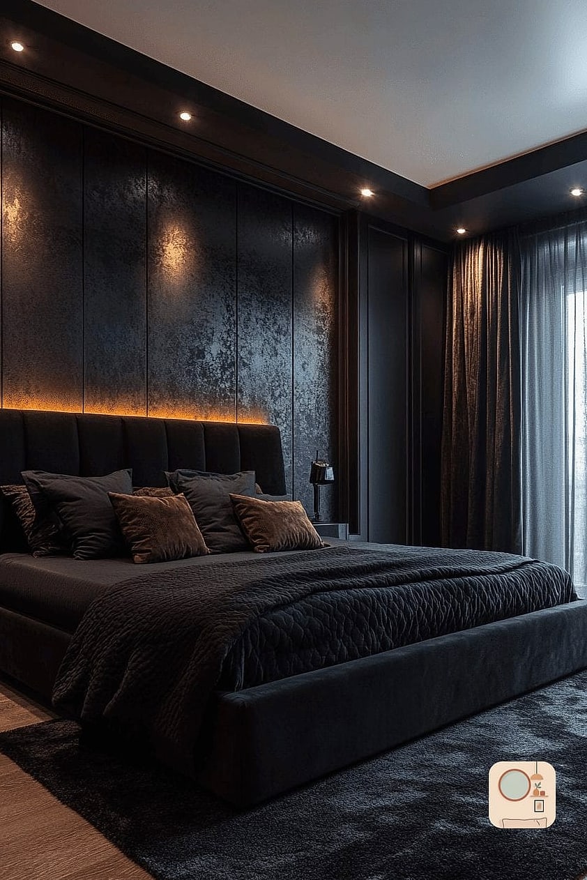 Matte Black Accent Wall with Warm Lighting