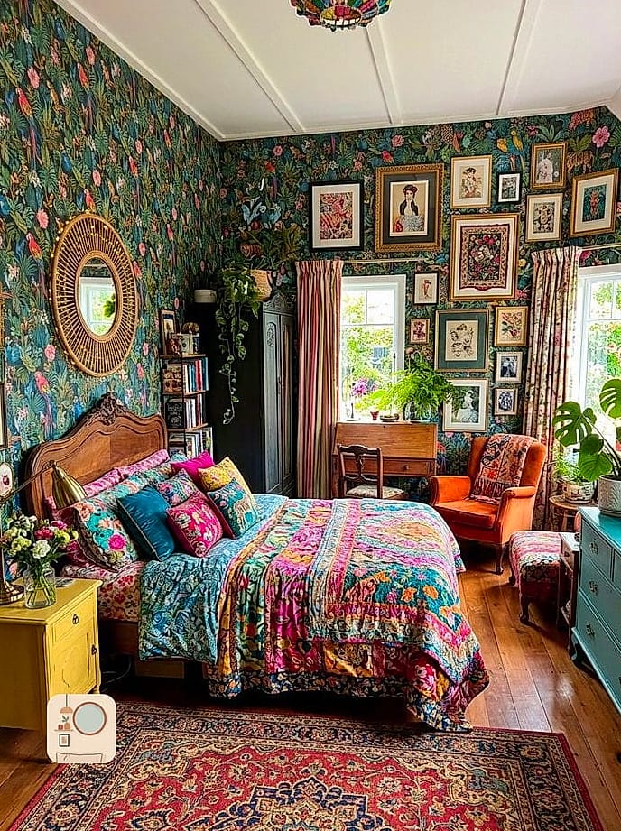 20 Eclectic Bedroom Looks We're Obsessed With This Year 3 Maximalist Wallpaper with Streamlined Furniture