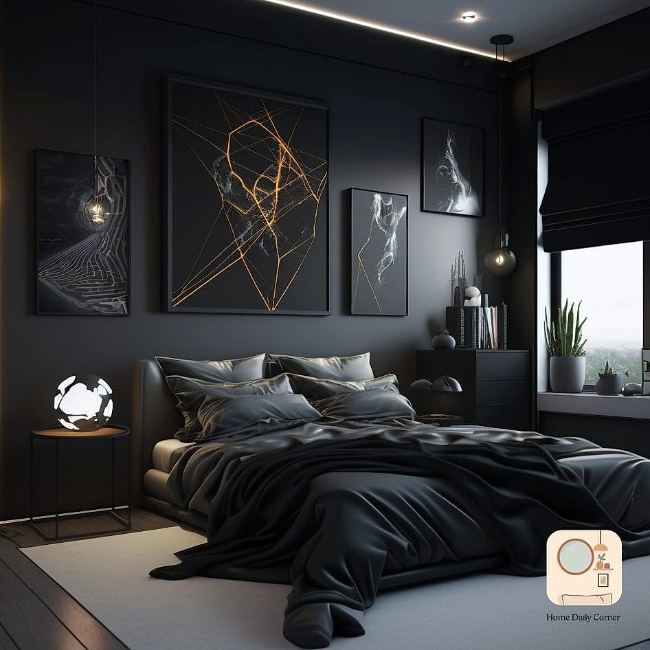 Minimalist All-Black Bedroom with Metallic Accents