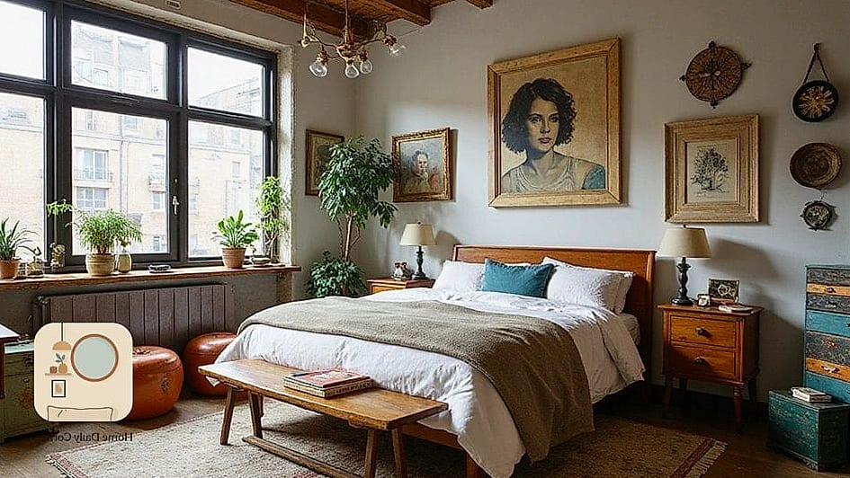 Mismatched Vintage Frames on a Nightstand
