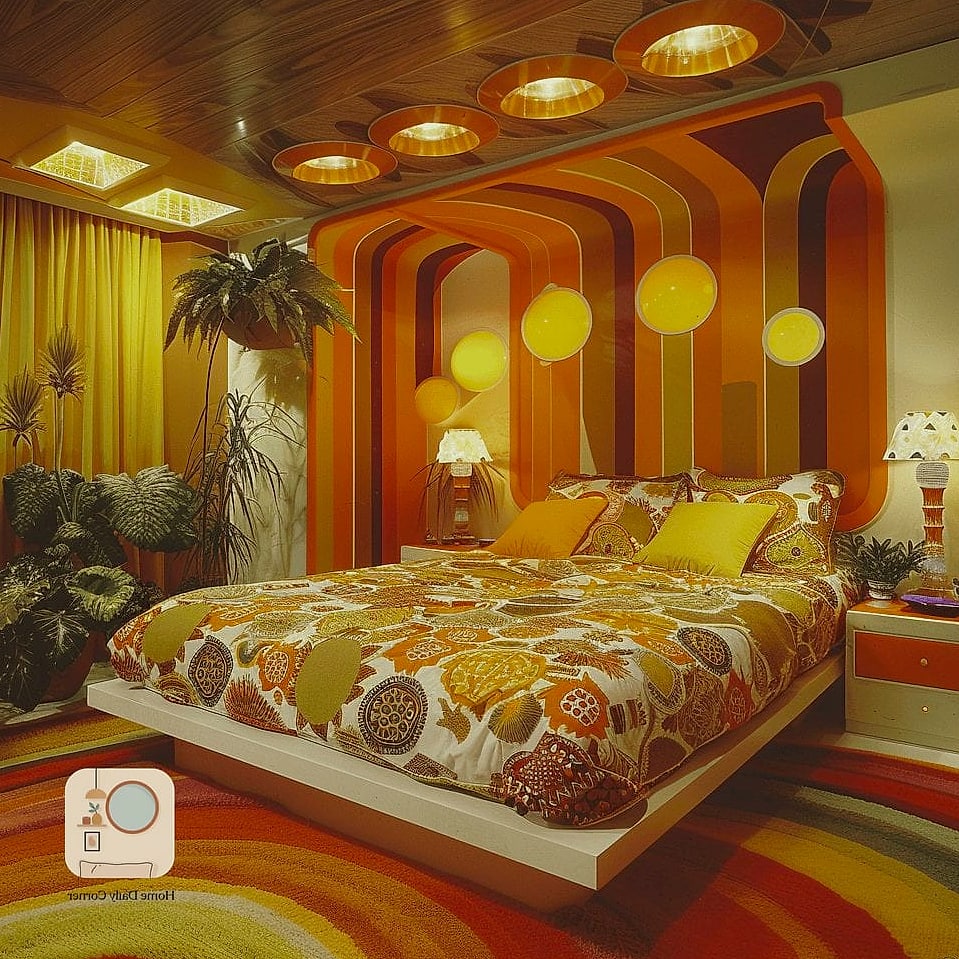 15 70S Bedroom Designs That Maximize Style and Function 11 Mixed Metal Lighting with Warm Bulbs