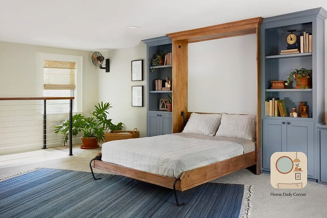 16 Guest Bedroom Decor Designs That Maximize Style and Function 9 Murphy Bed with Built-In Shelving