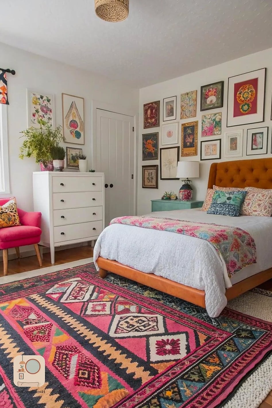 20 Eclectic Bedroom Looks We're Obsessed With This Year 15 Patterned Rug Layered Over Neutral Flooring