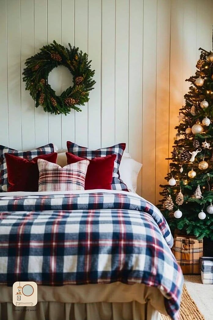 30 Beautiful Holiday Bedroom Decor Inspiration Photos Worth Saving 4 Plaid Flannel Bedding in Deep Reds and Greens