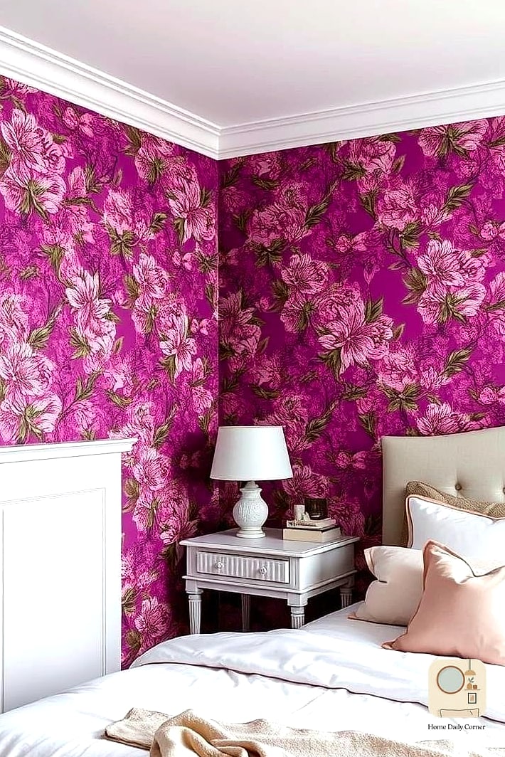 15 Purple Bedroom Decor Ideas to Upgrade Your Home This Weekend 11 Purple Floral Wallpaper for a Vintage Feel