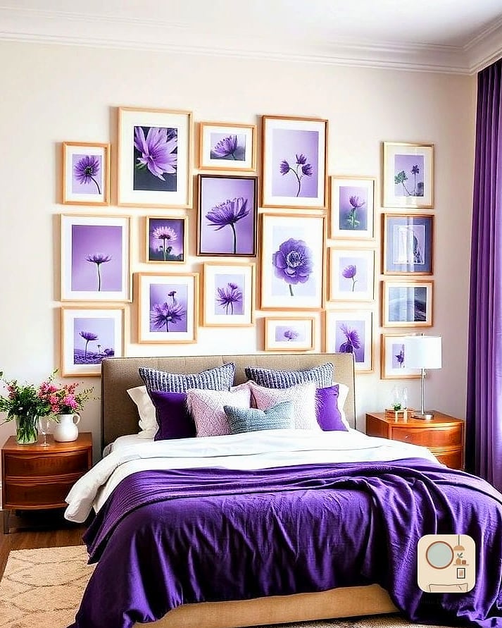 15 Purple Bedroom Decor Ideas to Upgrade Your Home This Weekend 14 Purple Gallery Wall with Mixed Frames