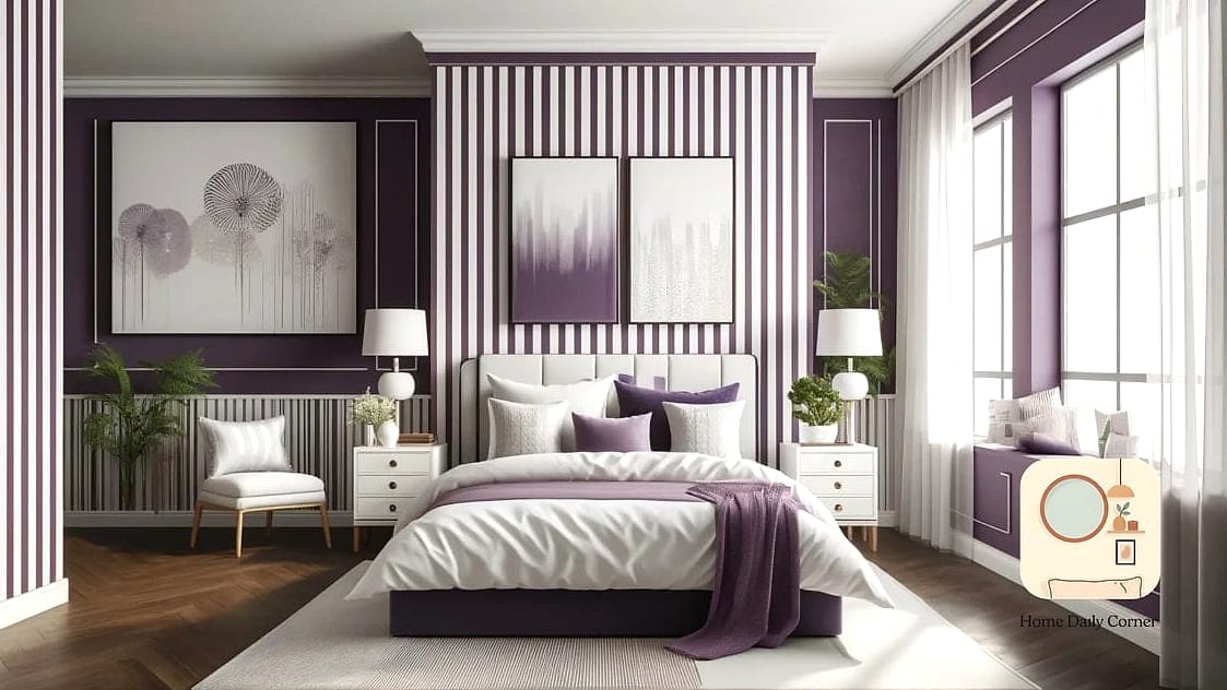 15 Purple Bedroom Decor Ideas to Upgrade Your Home This Weekend 13 Purple and White Striped Accent Wall