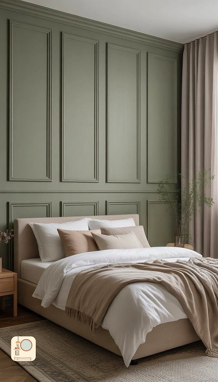 15 Green Bedroom Ideas Before and After Transformations to Inspire 9 Sage Green Paneled Wall with Wood Trim