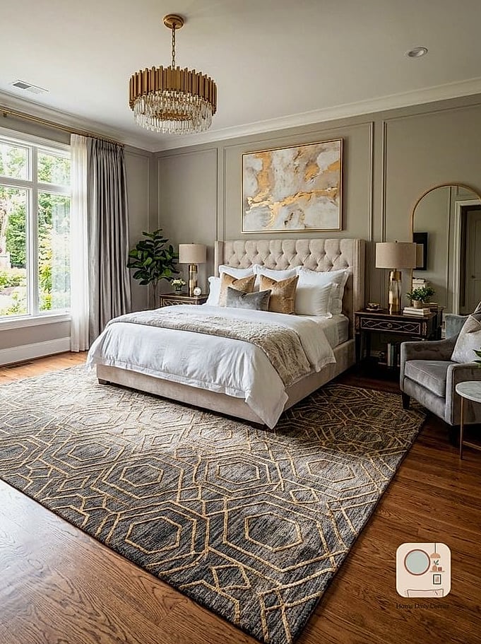 A Statement Rug Layered Under the Bed