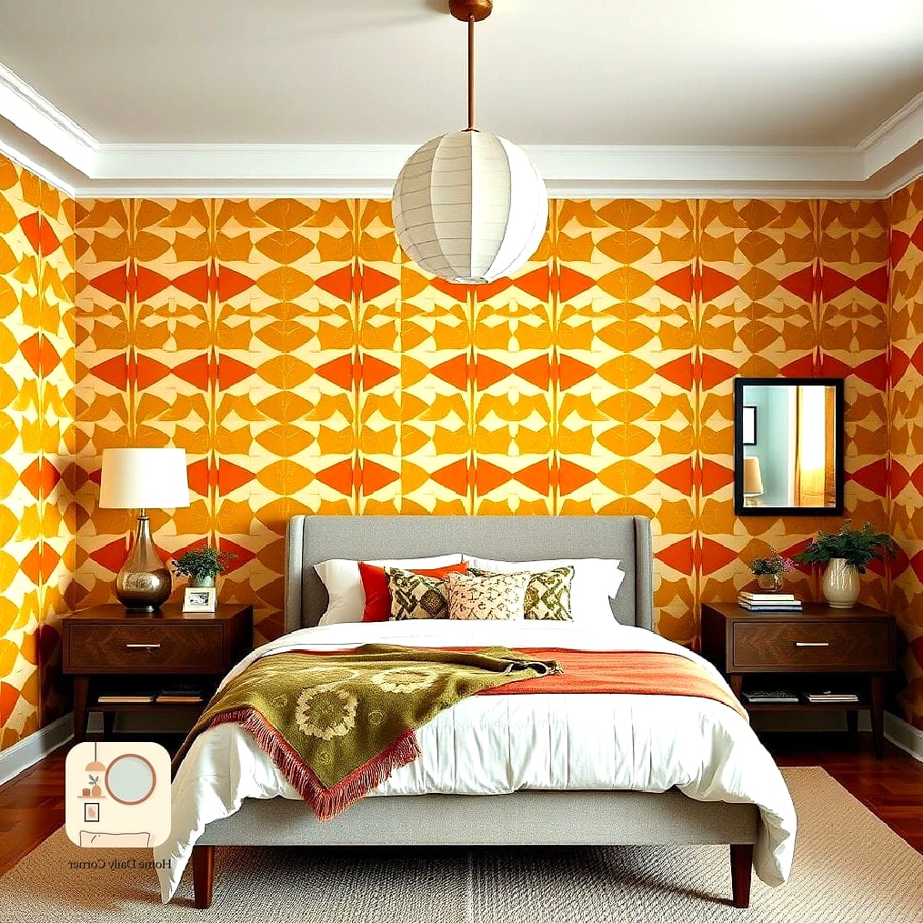 15 70S Bedroom Designs That Maximize Style and Function 7 Statement Wallpaper with Bold Botanical or Geometric Print