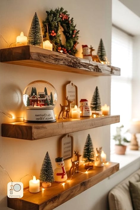 25 Bedroom Christmas Decor Ideas to Steal From Interior Designers 17 Style Floating Shelves with Mini Ornaments