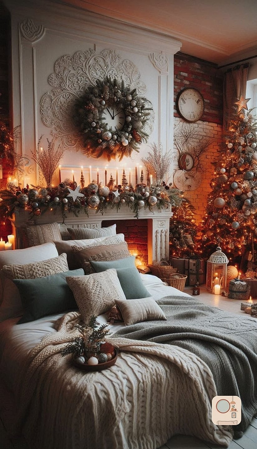 25 Bedroom Christmas Decor Ideas to Steal From Interior Designers 9 Style a Winter Botanical Print Above the Bed