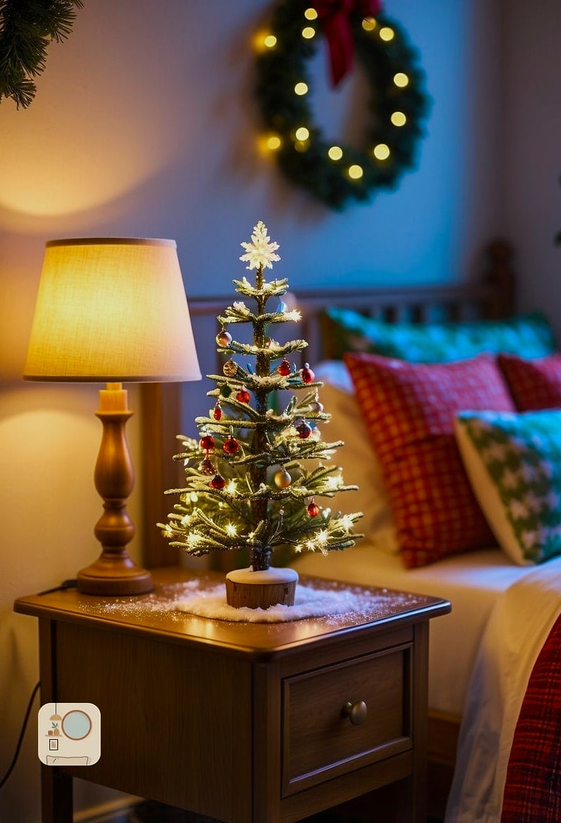 25 Bedroom Christmas Decor Ideas to Steal From Interior Designers 11 Style Your Nightstand with a Mini Wreath