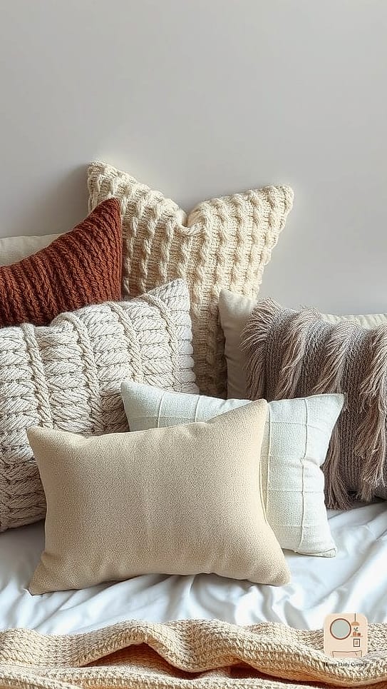 Textured Throw Pillows and Layered Bedding
