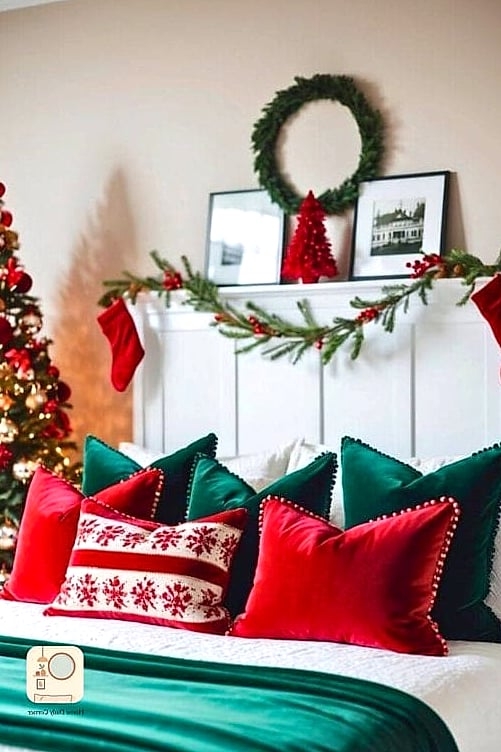 25 Bedroom Christmas Decor Ideas to Steal From Interior Designers 18 Use a Red or Green Velvet Throw Pillow