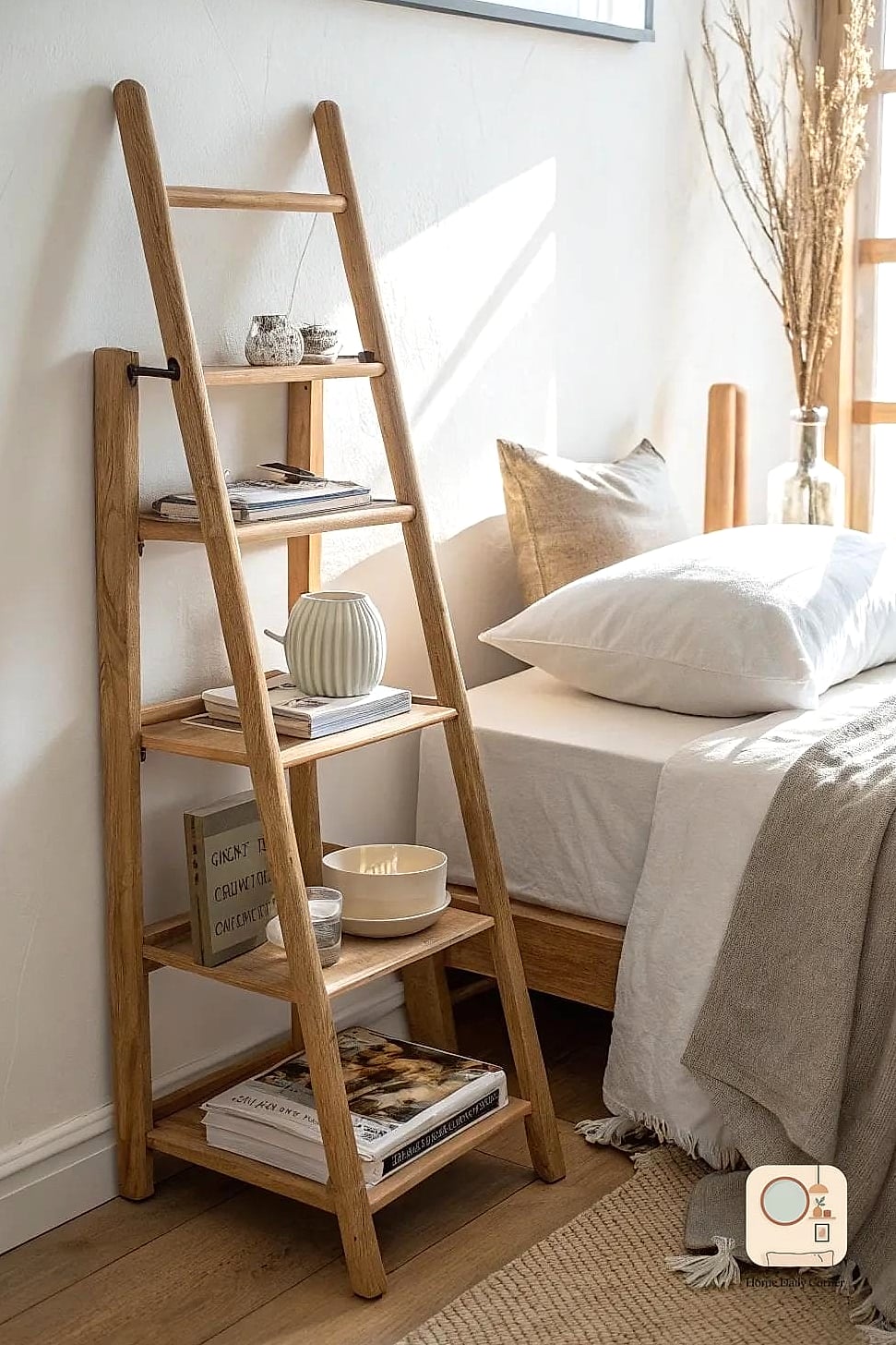 27 Creative Small Bedroom Ideas Ideas You Haven't Seen Before 13 Use a Slim Ladder Shelf in the Corner