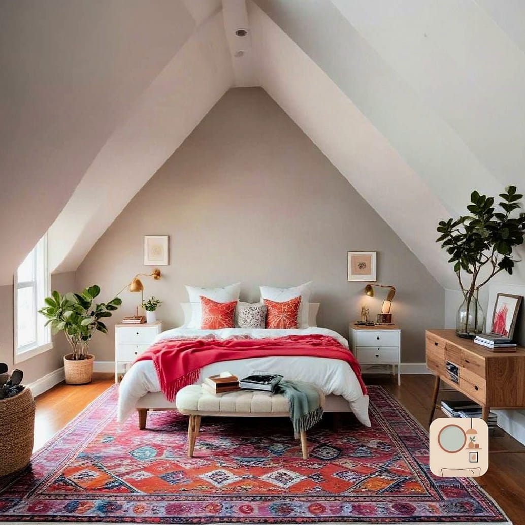 13 Attic Bedroom Ideas Designs That Maximize Style and Function 10 Use a Statement Rug to Ground the Room