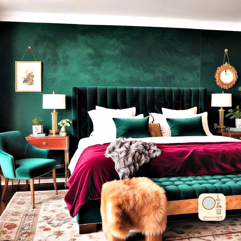 15 70S Bedroom Designs That Maximize Style and Function 6 Velvet Upholstered Headboard in a Jewel Tone