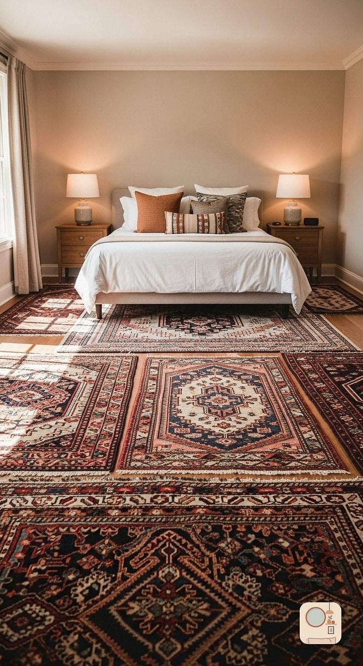 Vintage Rugs Layered Over Carpet