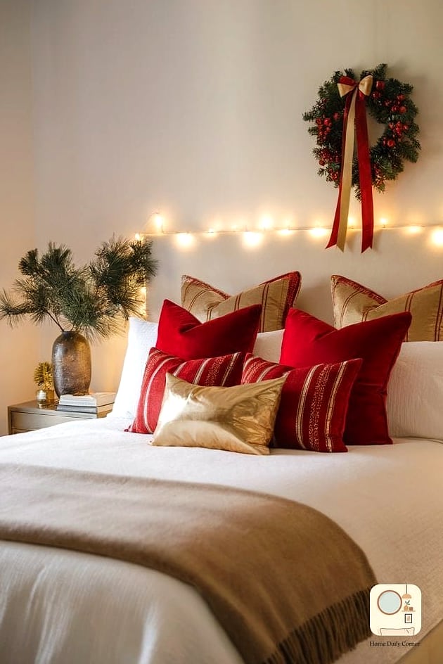 30 Beautiful Holiday Bedroom Decor Inspiration Photos Worth Saving 2 Warm White Fairy Lights Along the Headboard