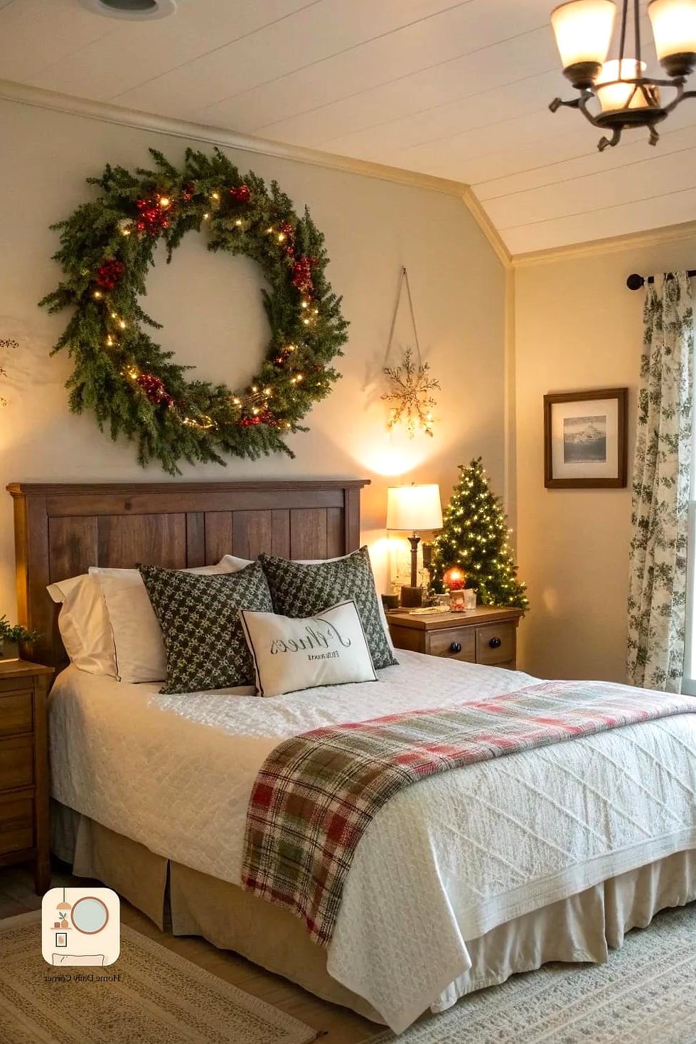 30 Beautiful Holiday Bedroom Decor Inspiration Photos Worth Saving 8 A Wreath Hung Above the Bed Instead of Art